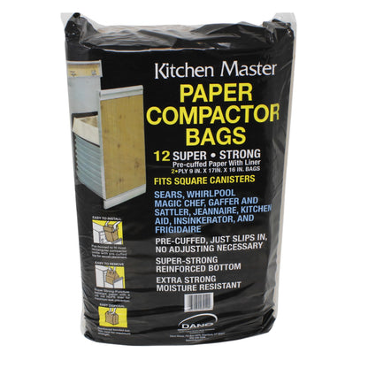 Kitchen Master Super Strong Compactor Bags (12 Pack) | Precuffed, Garbage Compactor Bags, Kitchen Liner, Paper Trash Bin Press, Kitchen Essential, Paper Garbage Press Liner