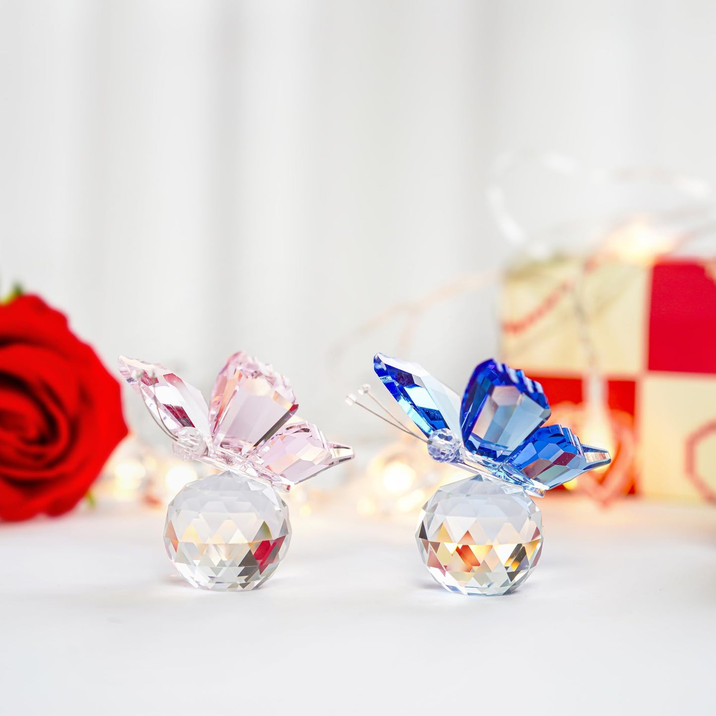 H&D HYALINE & DORA Crystal Butterfly Figurine Ornament with Ball Base, Glass Butterfly Animal Statue Table Decor Paperweight Gift, 2pcs
