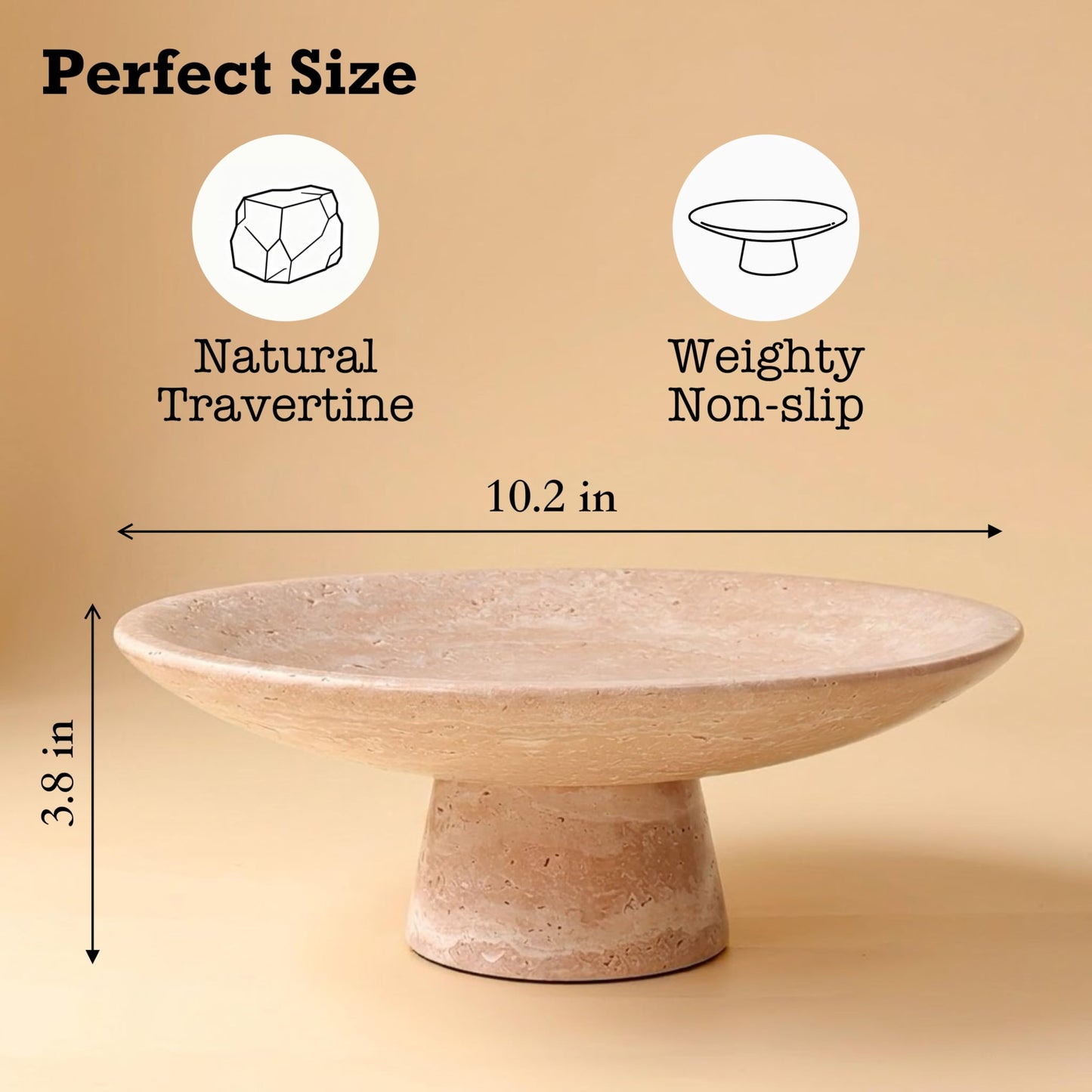 BekPooQ Travertine Fruit Bowl for Kitchen Counter, 10.2" Large Decorative Pedestal Stone Bowl, Natural Marble Centerpiece Bowl for Dining Table, Modern Organic Kitchen & Home Decor