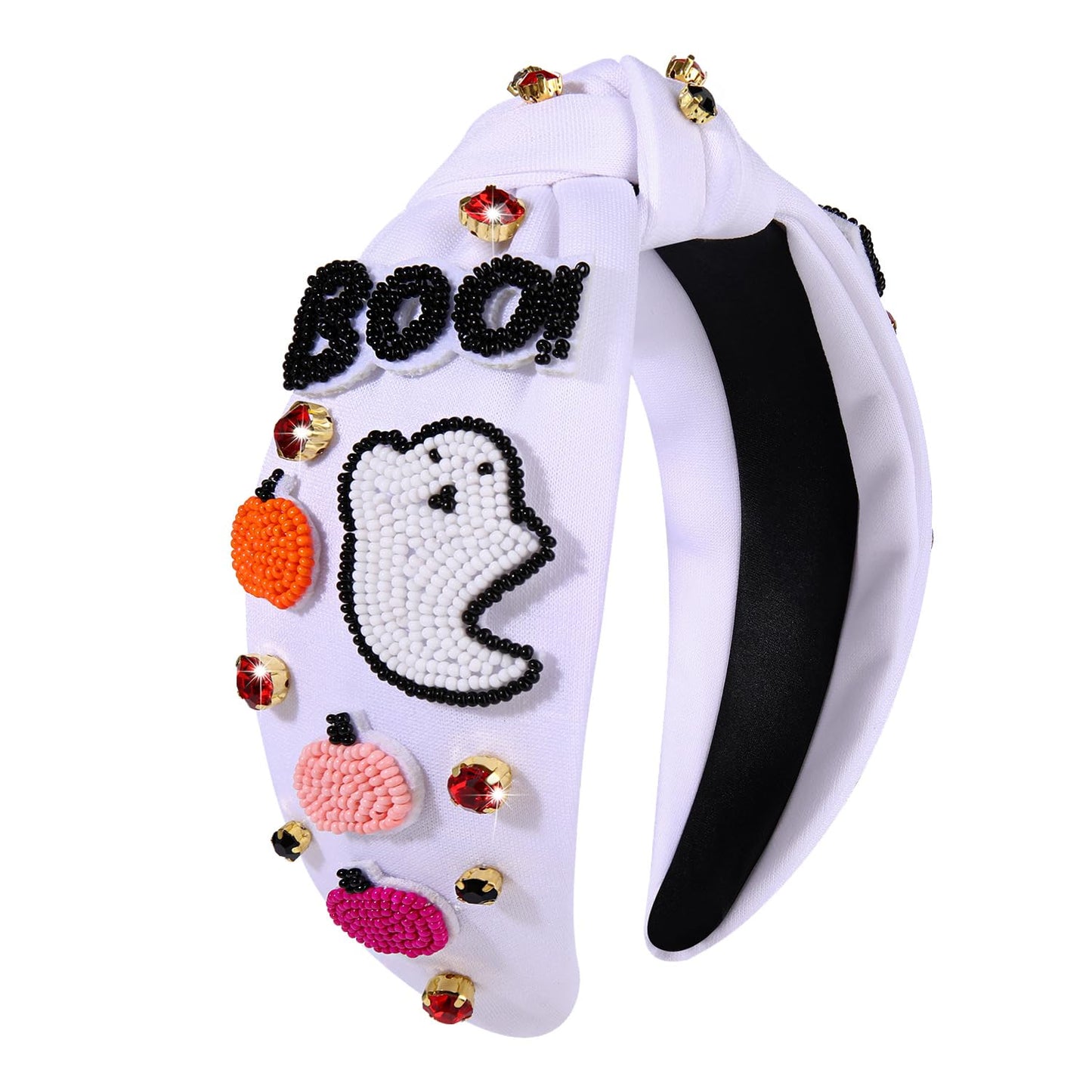 NVENF Halloween Headbands for Women, Rhinestone Crystal Embellished Knotted Headbands, Beaded Pumpkin Ghost Top Knot Headband Halloween Hair Accessories Party Favors Gifts (Ghost)