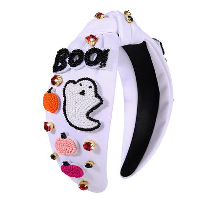 NVENF Halloween Headbands for Women, Rhinestone Crystal Embellished Knotted Headbands, Beaded Pumpkin Ghost Top Knot Headband Halloween Hair Accessories Party Favors Gifts (Ghost)