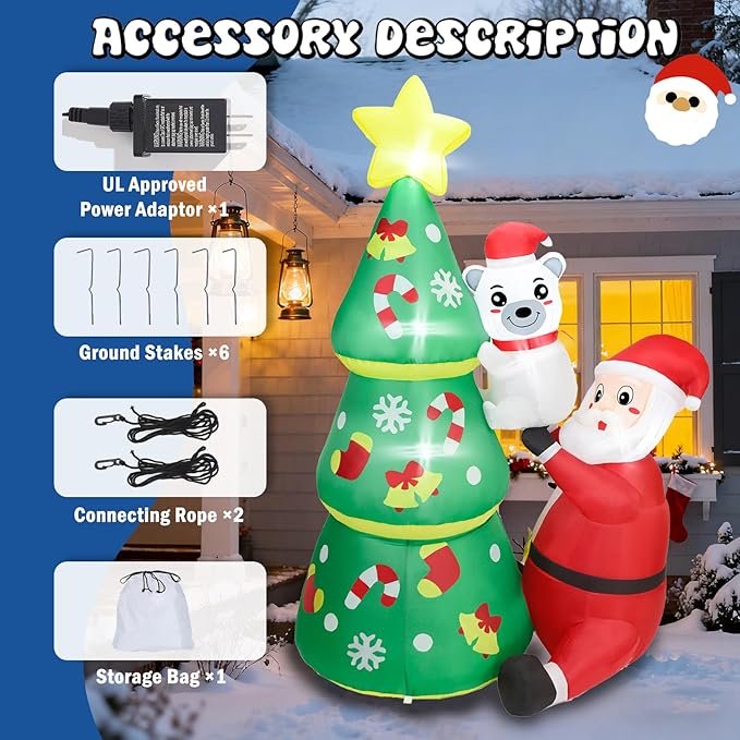 Dearsun 6.2FT Christmas Inflatable Tree with Santa Claus and Polar Bear, Blow up Christmas Inflatable Santa Build-in LED Lights Outdoor Decorations Large Party Yard Decoration