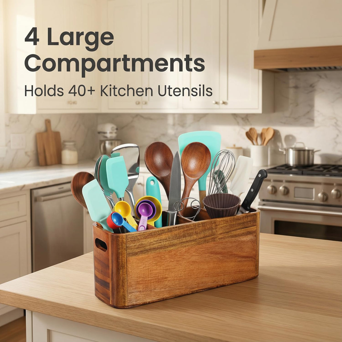 ZKMLMHJ Large Wooden Utensil Holder for Kitchen Countertop - 4 Compartment Acacia Wood Organizer & Utensil Caddy for Cooking Tools, Wall Mountable
