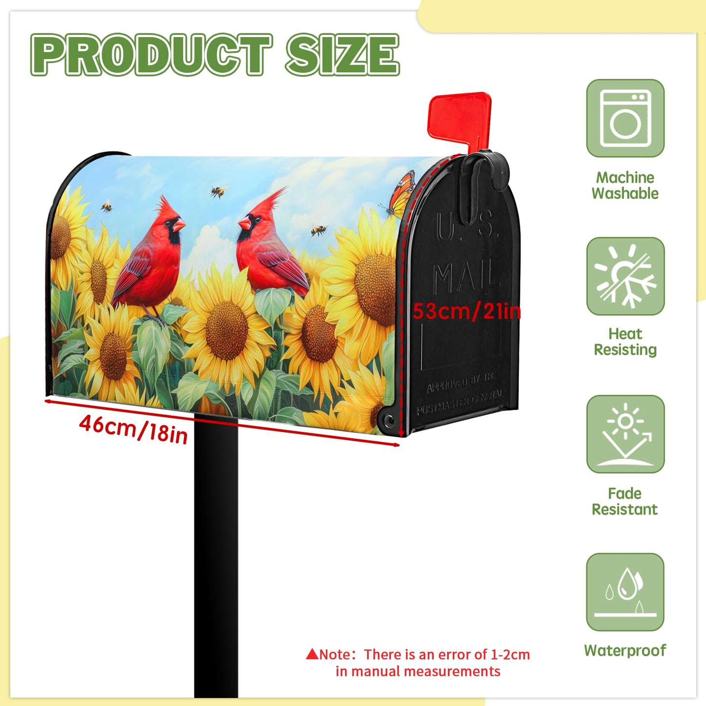Cardinal Birds Mailbox Cover Summer Mailbox Covers Magnetic Standard Size 21x18 inch Sunflower Bee Butterfly Mail Box Covers for Outdoor Farmhouse Garden Yard Decor Red Bird