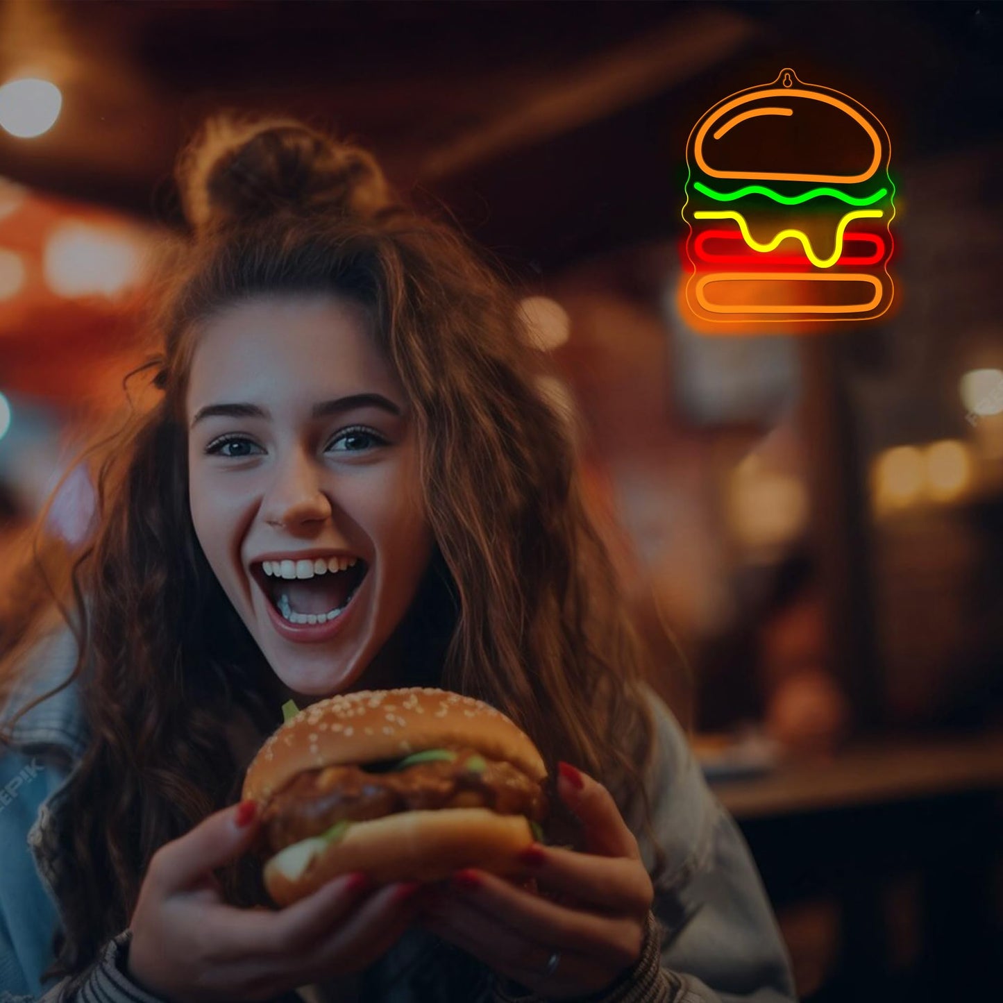 Attivolife Hamburger Neon Sign for Wall Decor, Light up Delicious Food Hamburg LED Lamp with Dim USB Powered, Unique Business Fast Food Shop Restaurant Decoration, Christmas Day Birthday Party