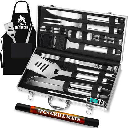 ROMANTICIST 26pcs Grilling Gifts for Men, Dad Gifts for Father's Day, Stainless Steel BBQ Grill Accessories Tools Set, Heavy Duty BBQ Utensils Kit with Apron, Thermometer, Mats in Aluminum Case Silver