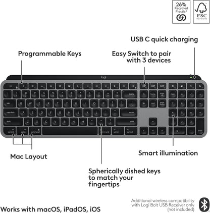 Logitech MX Keys S for Mac, Wireless Keyboard, Fluid, Precise Laptop-Like Typing, Programmable Keys, Backlit, Bluetooth USB C Rechargeable for MacBook Pro, MacBook Air, iMac, iPad - Space Grey