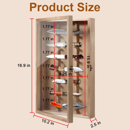 Triceratops Knife Display Case with Lockable Clear Acrylic Door, Wall Mount Wooden Knife Display Stand, Pocket Knife Display Cases for Storage, Collection, Holds up to 7 Knifes(Brown)