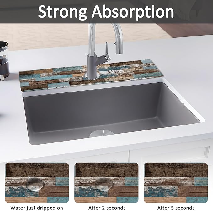 24" X 5.5" Kitchen Sink Splash Guard Faucet Mat Wood Grain Super Absorbent Fast