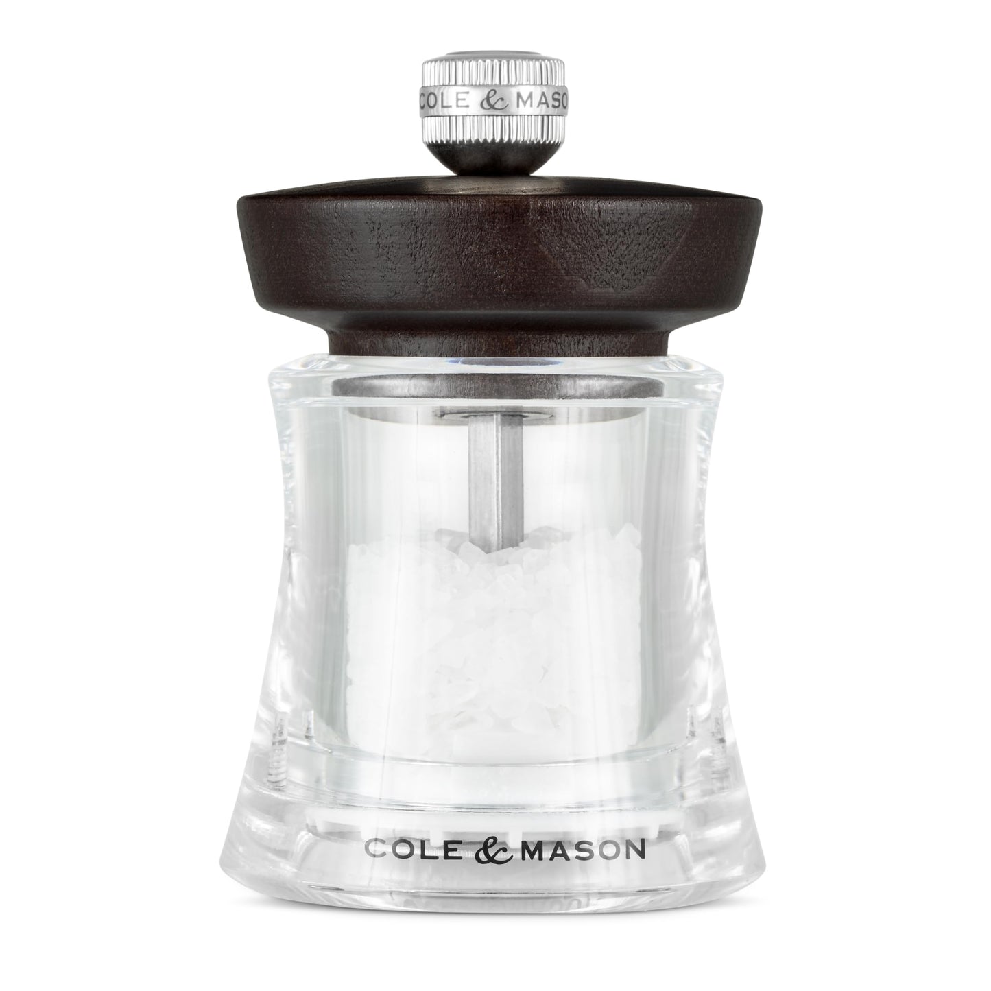 Cole & Mason Holborn Acrylic Salt Mill - Compact Hand Grinder - Acrylic Kitchen Tool with Adjustable Grind Setting - Easy-to-Clean Grinder with Premium Design - Chocolate Salt Mill, 3.75"