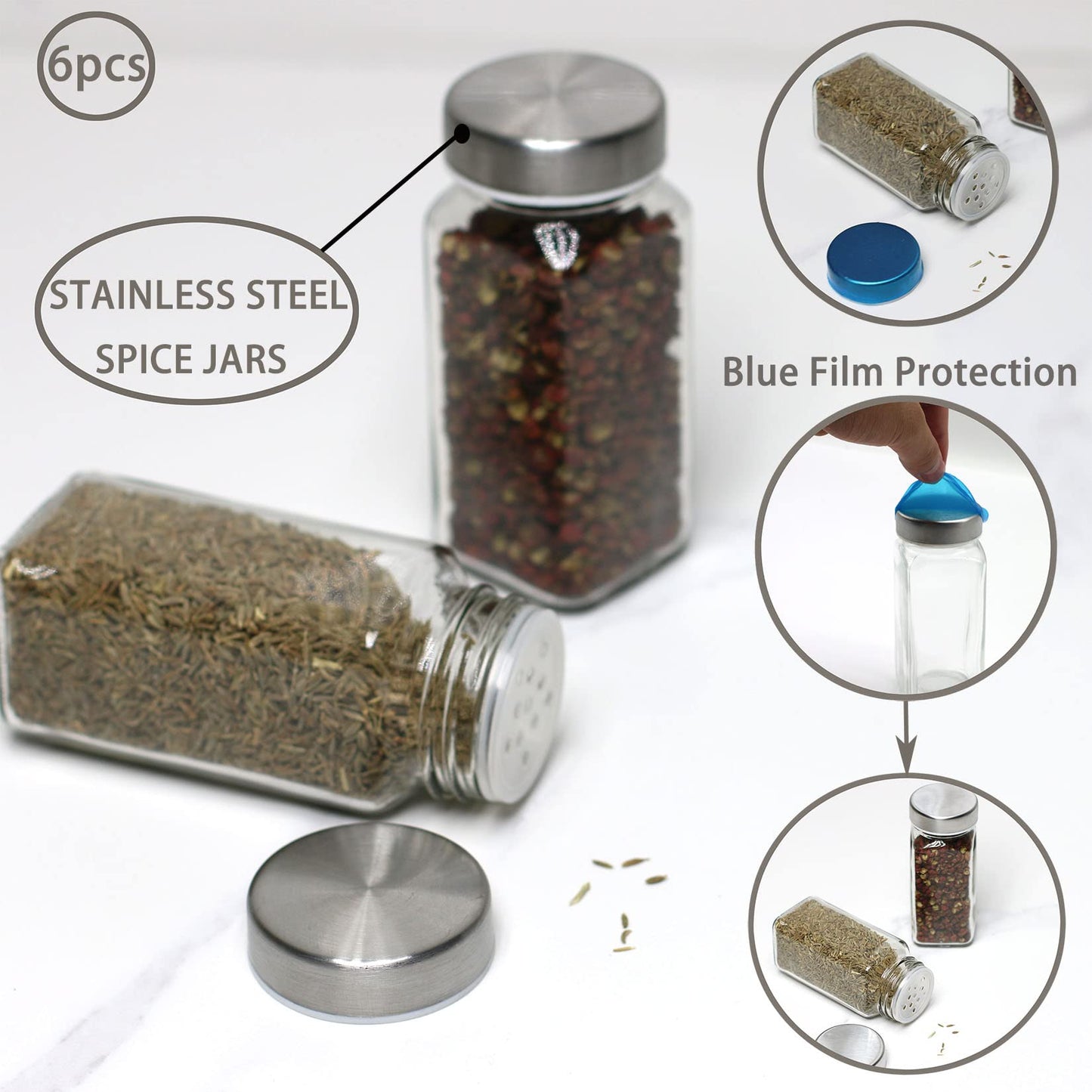 Tianifa 6pcs Spice Jars, 4 oz Glass Seasoning Bottles, Spices Container, Empty Spice Jars, Square Spice Bottles with Airtight Stainless Steel Caps with Shaker Lid