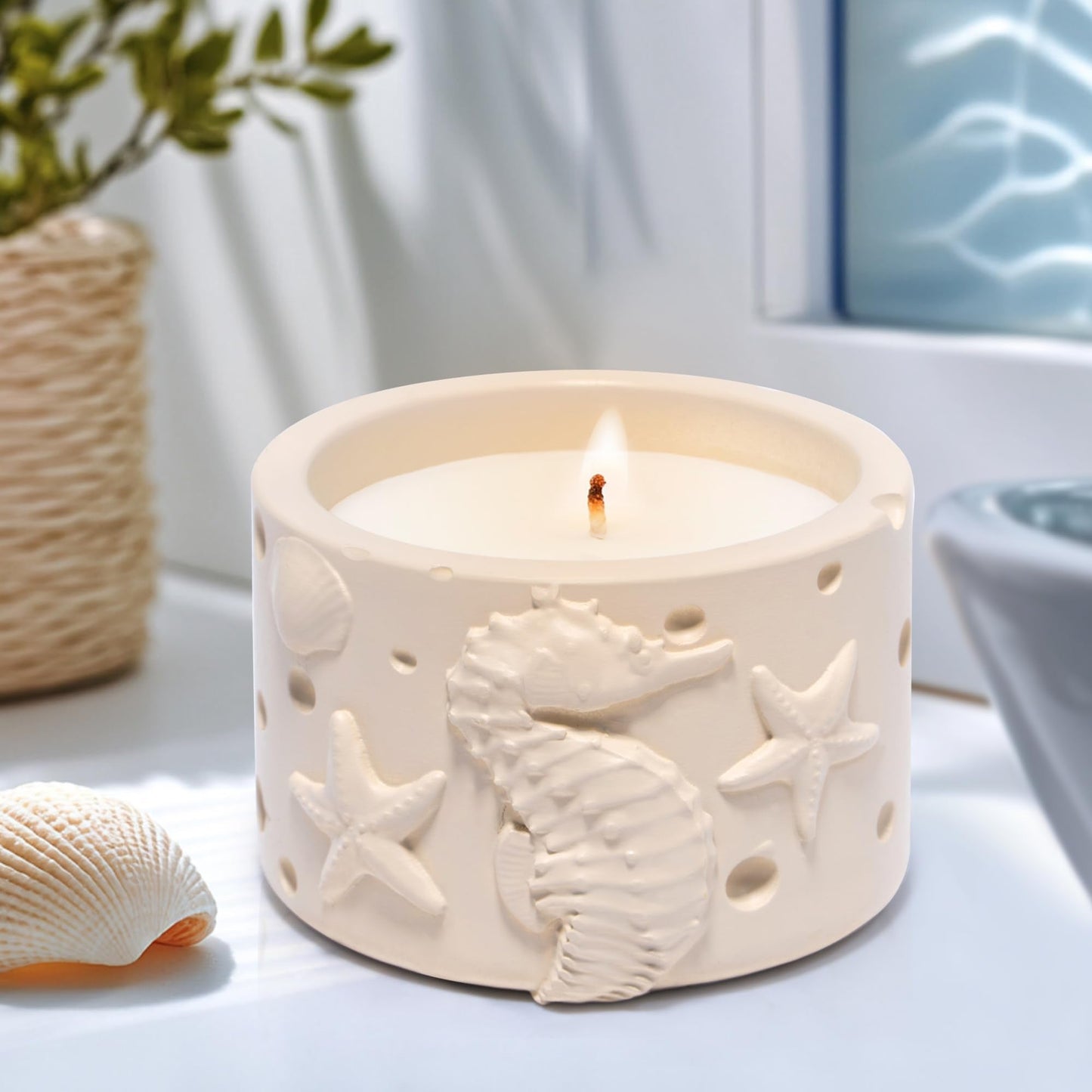 Hodao Oceanic Serenity Handcrafted Aromatherapy Box with Candle & Decor – Beach Rock Sculpture with Sea Turtle, Seashells, for Home, Bathroom, Yoga Room Decor (Brown-Seahorse)