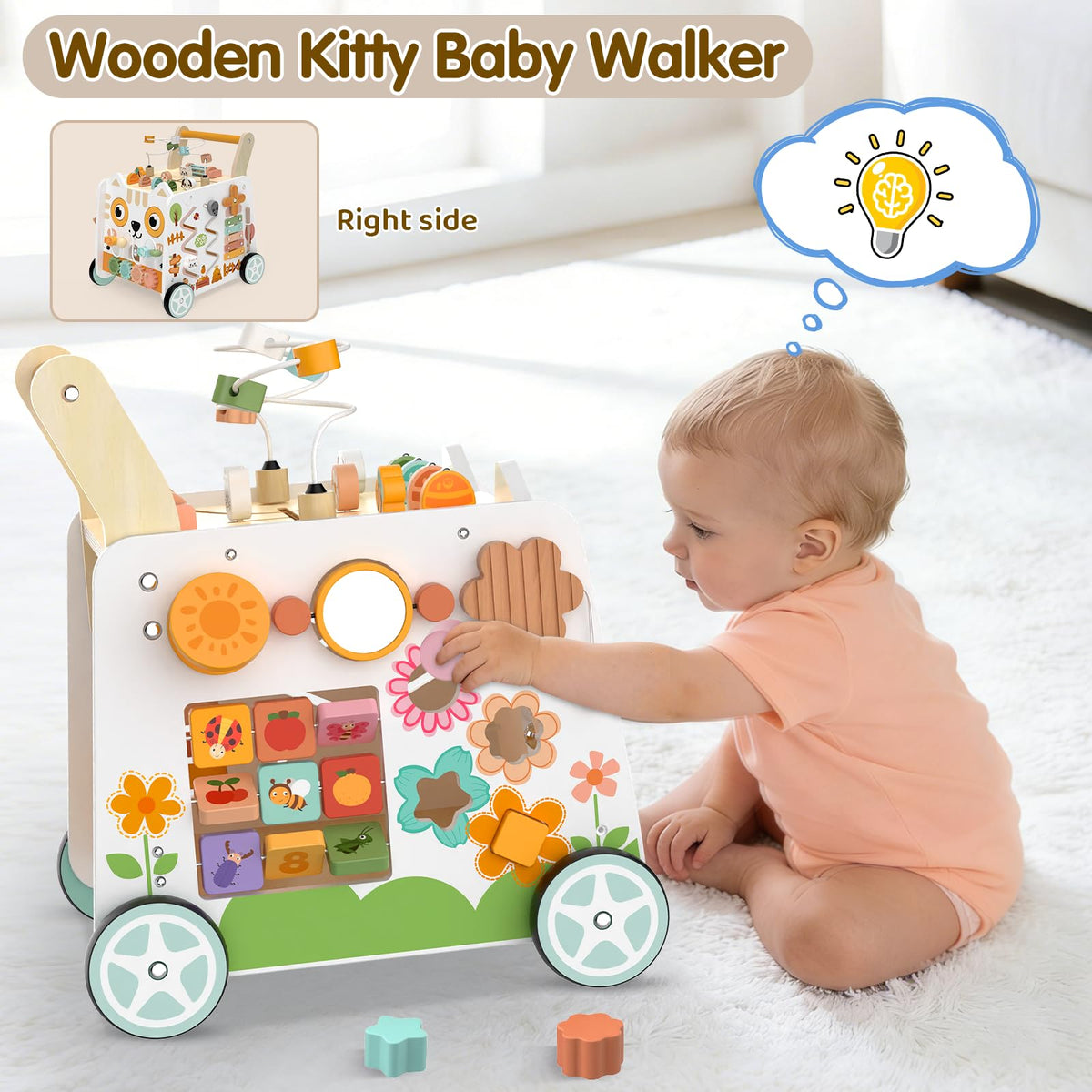 Weilim Wooden Baby Push Walker with Activity Center, Montessori Toy 12M+