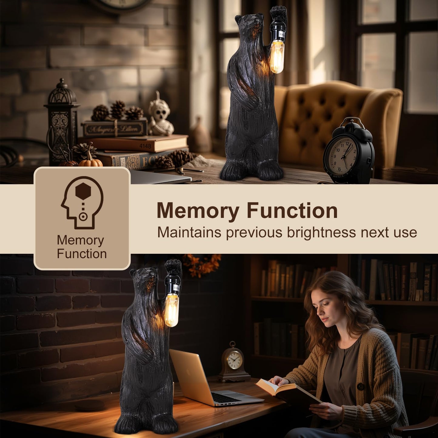 Scenekoy Bear Table Lamp for Living Room Bedroom, Memory Function, 3 Way Cycling Dimming, Resin Gothic Style Bedside Nightstand Lamps, Rustic Night Light Home Room Decor (Bulb Included)