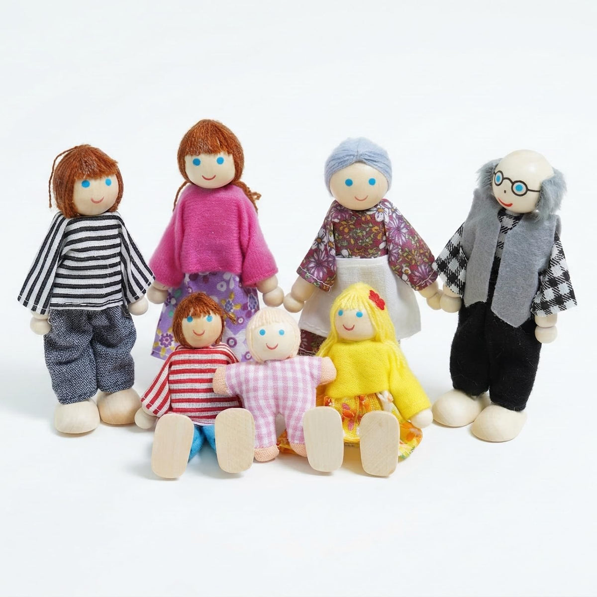 Sing2sky 7PCS Wooden Dollhouse Dolls for Playing House Gifts for Children, Wood, Articulated Pretend Play Figures, Smooth Splinter-Free Wood, Montessori Family Set - 4.5In (Classic)