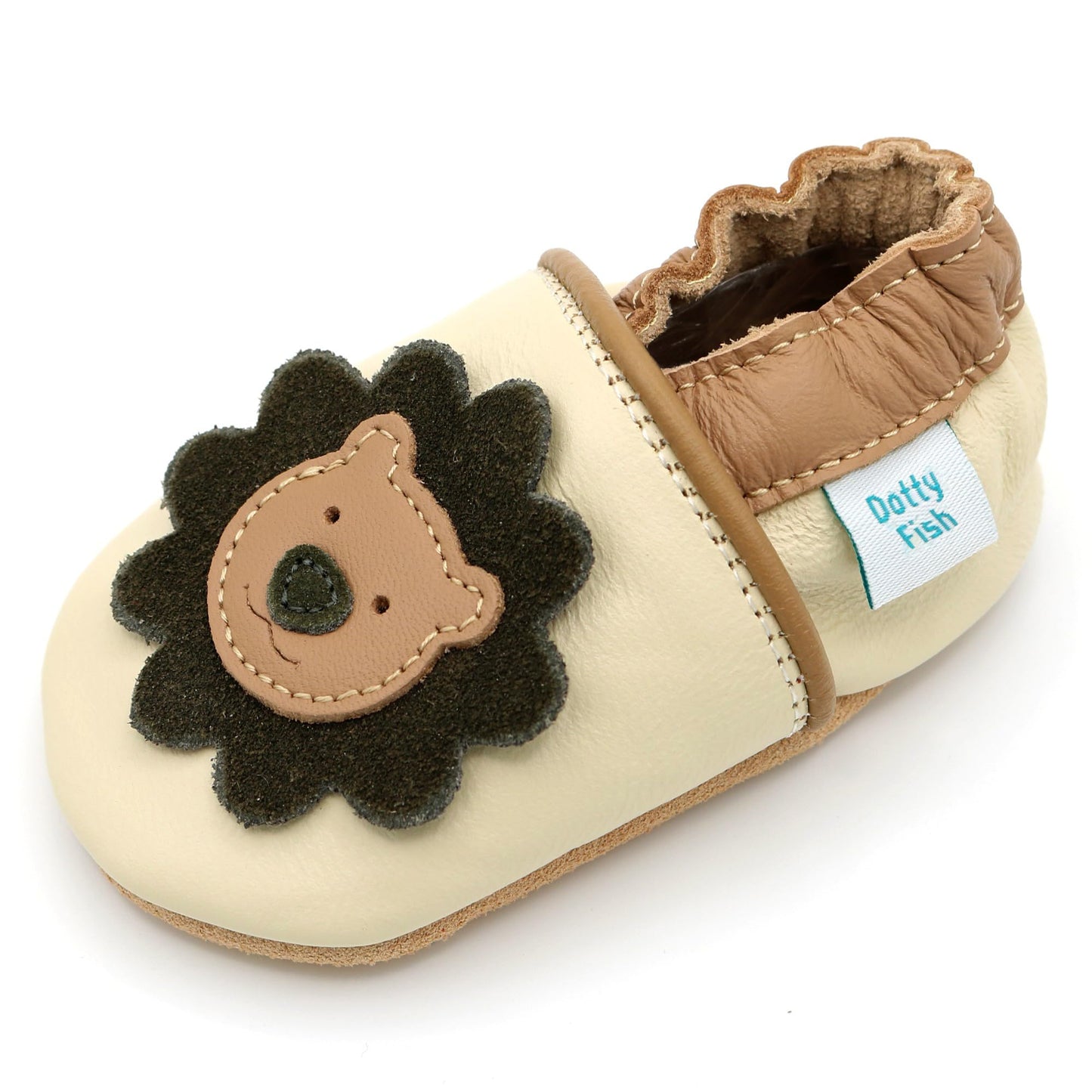 Dotty Fish Unisex Baby & Kids Soft Leather Barefoot Shoes – Boys & Girls, Animal Designs, Non-Slip Soft Soles, Lightweight, Flexible, Elasticated Ankles, Podiatry Approved – Cream Lion 12-18 Months