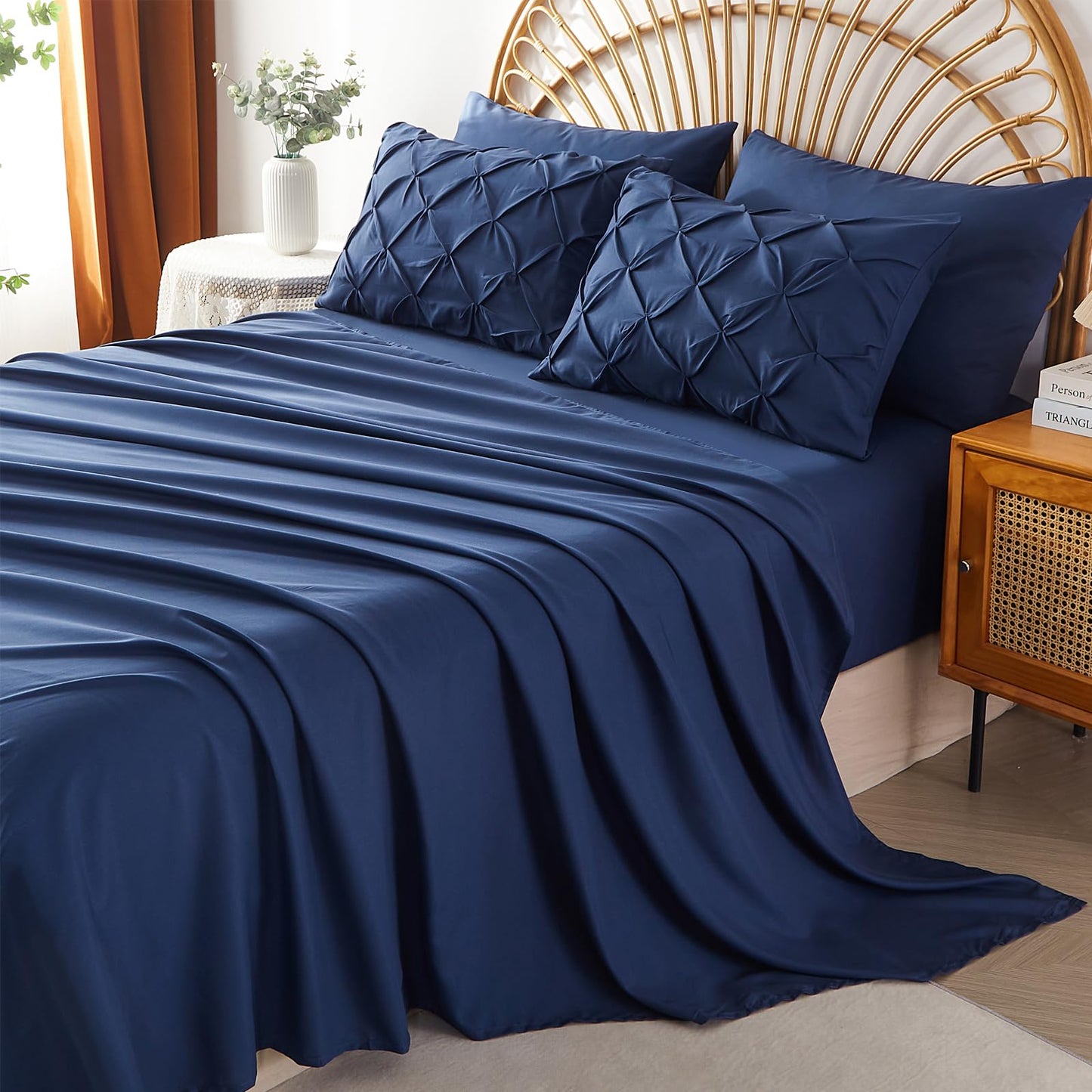 AiMay 6PC Sheet Pillowcase Set Deep Pocket Double Brushed Microfiber Soft Durable Solid Color Wrinkle Free 1 Flat Sheet 1 Fitted Sheet 2 Pillowcases 2 Pinch Plated Pillowcases(Navy Blue, Queen)