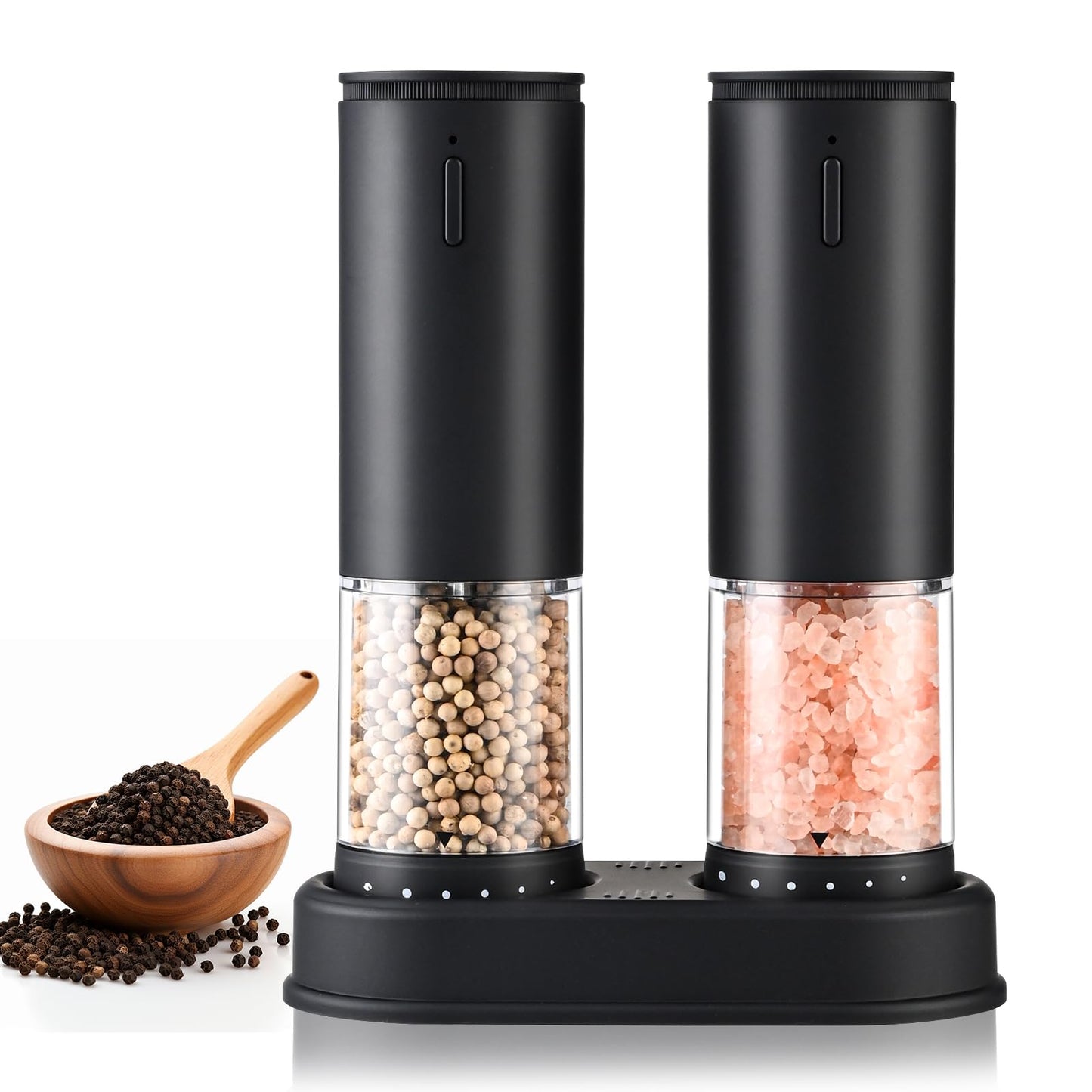 Electric Salt and Pepper Grinder Set - Rechargeable Automatic Salt and Pepper Shakers, External Adjustable Coarseness, LED Light, USB Rechargeable,Home Gifts, Black (Set of 2)