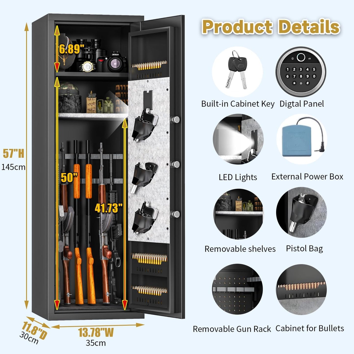 Bezuny Long Gun Safe,Rifle Safe with Biometric Gun Safe,Heat-Resistant Heavy Duty Gun Safes,Large Safe No Assembly Required, Security Safe for Home with Adjustable Shelves, Black