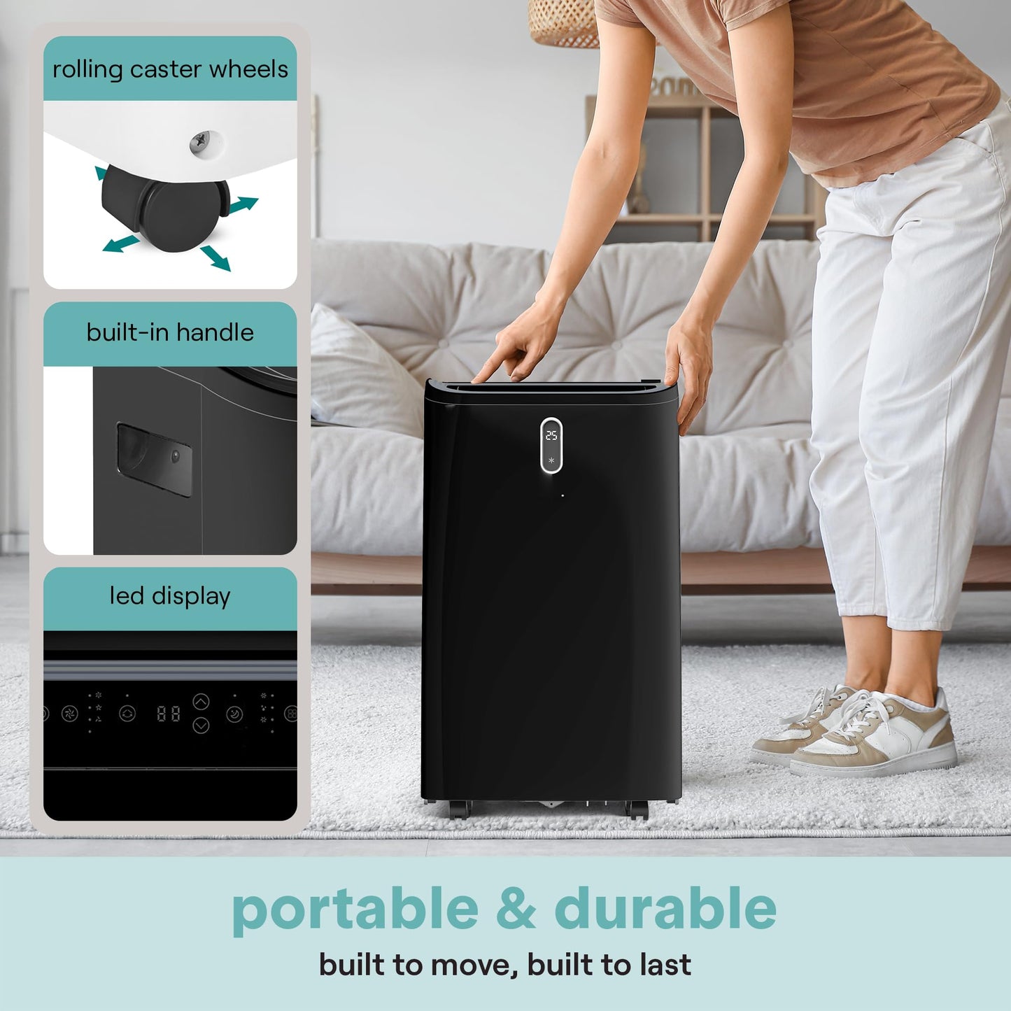 SereneLife 14,000 BTU Portable Air Conditioner - Compact Room Air Conditioner with Dehumidifier & Fan, Mini AC Unit for Rooms Up to 650 Sq. Ft., Window Kit Included, Rolling Wheels, Black