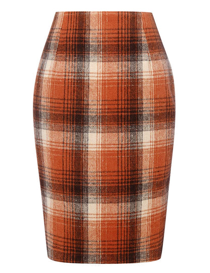 Orange Skirt Halloween Clothes for Women 2025 Outfits High Waisted Knee Length Bodycon Burnt Orange Plaid Skirt with Slit, Orange, M