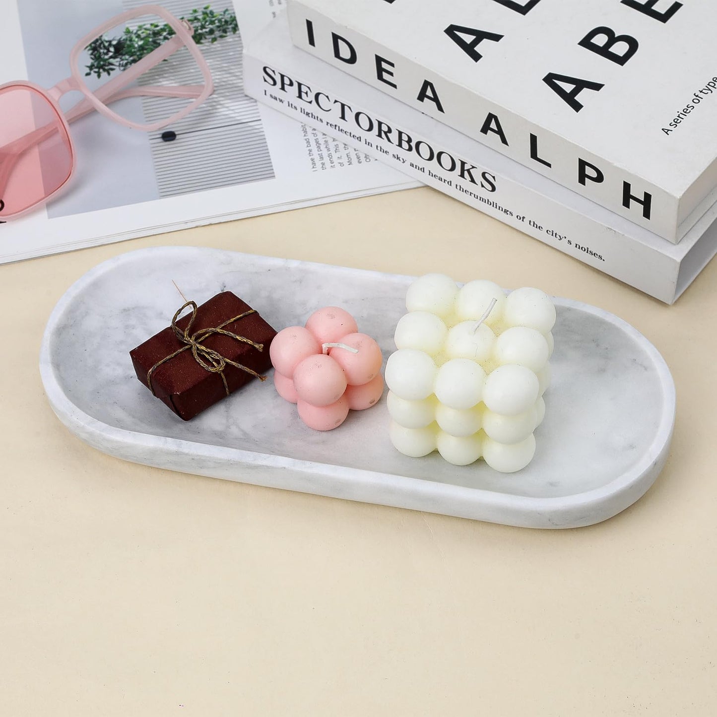 NEAMVCT Decorative White Marble Bowl, 10.6" x 4.3" Hand-Polished Natural Stone Bathroom Vanity Tray– Multi-Purpose Candy Bowl, Smudge Bowl, Key Bowl for Bathroom Countertop, Dresser, Coffee Bar