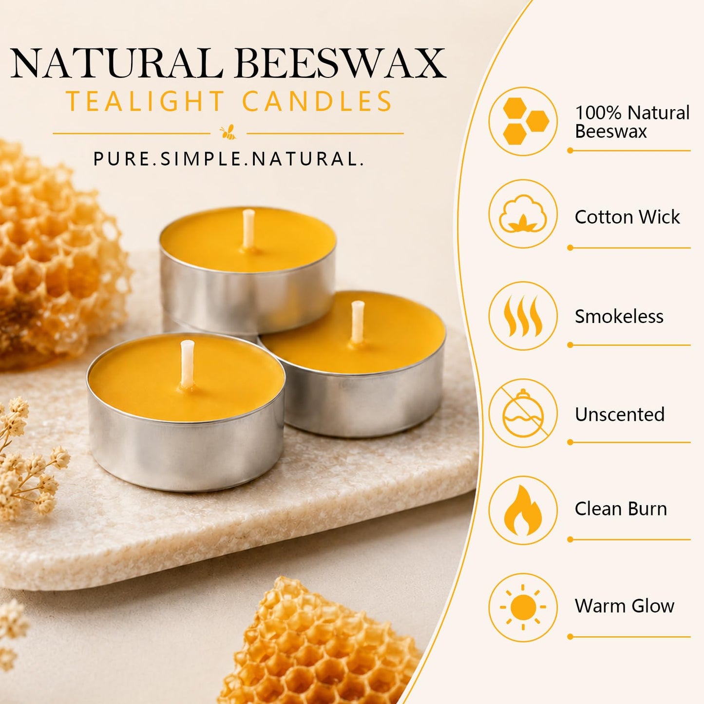 48 Pack Natural Beeswax Tealight Candles 4-5 Hour Long Burning Time
