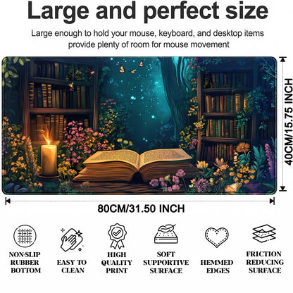 Gothic Desk Mat Gaming Desk Pad Blue Forest Large Mouse Pad, Mysterious Library Mouse Mat XXL Laptop Keyboard Pad, Vintage Gamer Mouse Pad Full Mousepads for School Office Home 31.5"x15.7"