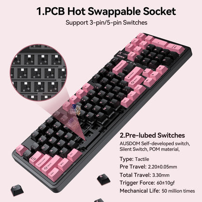 AUSDOM 98Pro Silent Mechanical Keyboard, Wireless Hot Swappable Gaming Keyboard with Backlit,Gasket Structure,Pre-lubed Tactile Switches,2.4GHz/Type-C/Bluetooth Custom Keyboards (Green & White-Silent)