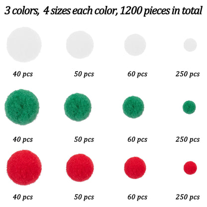 BQTQ 1200 Pieces Christmas Pom Pom Tinsel Balls Glitter Fluffy Pompoms for Craft Making and Party Decorations (4 Sizes, White, Green, Red)