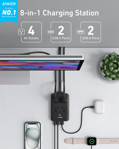 Anker Charging Station, 20W Max 8-in-1 USB-C Power Strip for iPhone 15/14 and MacBook Air/Pro, 5 ft Thin Cord with 4 AC, 2 USB-A, and 2 USB-C Ports, Fast Charging Desktop Charger for Travel, Office
