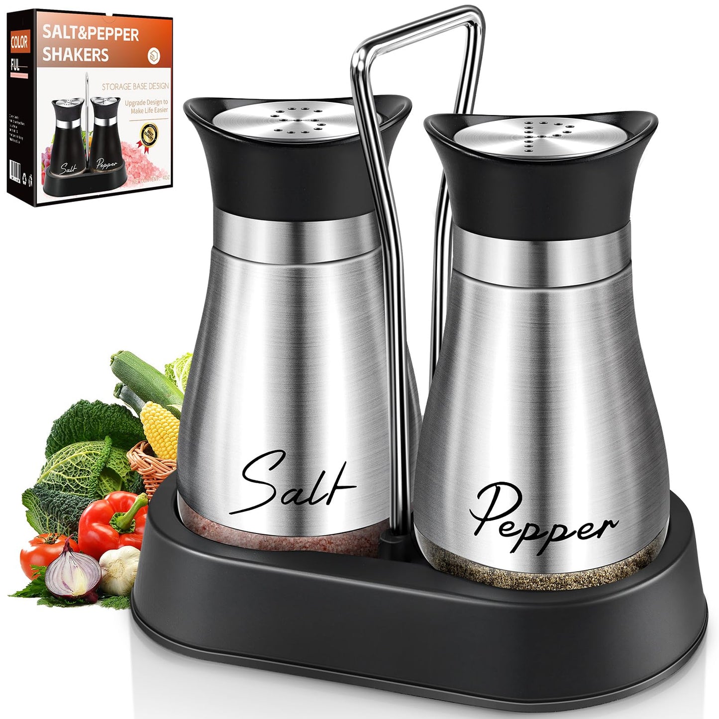 Salt and Pepper Shakers Set, 4 oz Stainless Steel Salt Shaker, Farmhouse Salt Pepper Shaker Containers with Glass Bottom for Kitchen Gadgets Cooking Table, BBQ, Bar, RV, Camp (Silver)