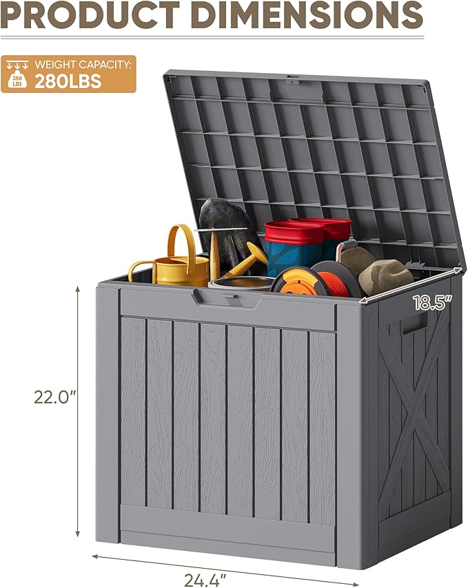 JUMMICO 42 Gallon Deck Box Waterproof, Resin Outdoor Storage Box with Side Handles, Outdoor Storage Benches Lockable for Patio Cushions and Garden Tools (Gray)