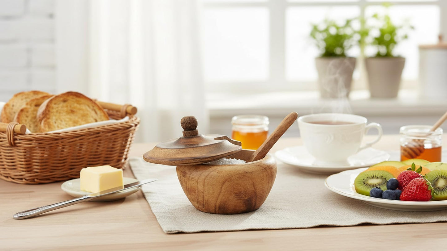 Decorative Rustic Wooden Sugar Bowl & Spoon With Lid Wide Mouth Candy Treat Jar Spice Jar Holder Condiment Nuts Serving Bowl Pot Salt Spice Herb Loose Leaf Tea Storage Container Novelty Home & Kitchen