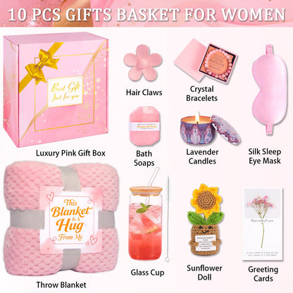 Birthday Gifts for Women Spa Care Package, Get Well Soon Gift Baskets Thinking of You Sympathy Gift, Self Care Basket w/ Luxury Flannel Blanket 16 Oz Glass Mother Day Gifts for Her Sister Wife Friend