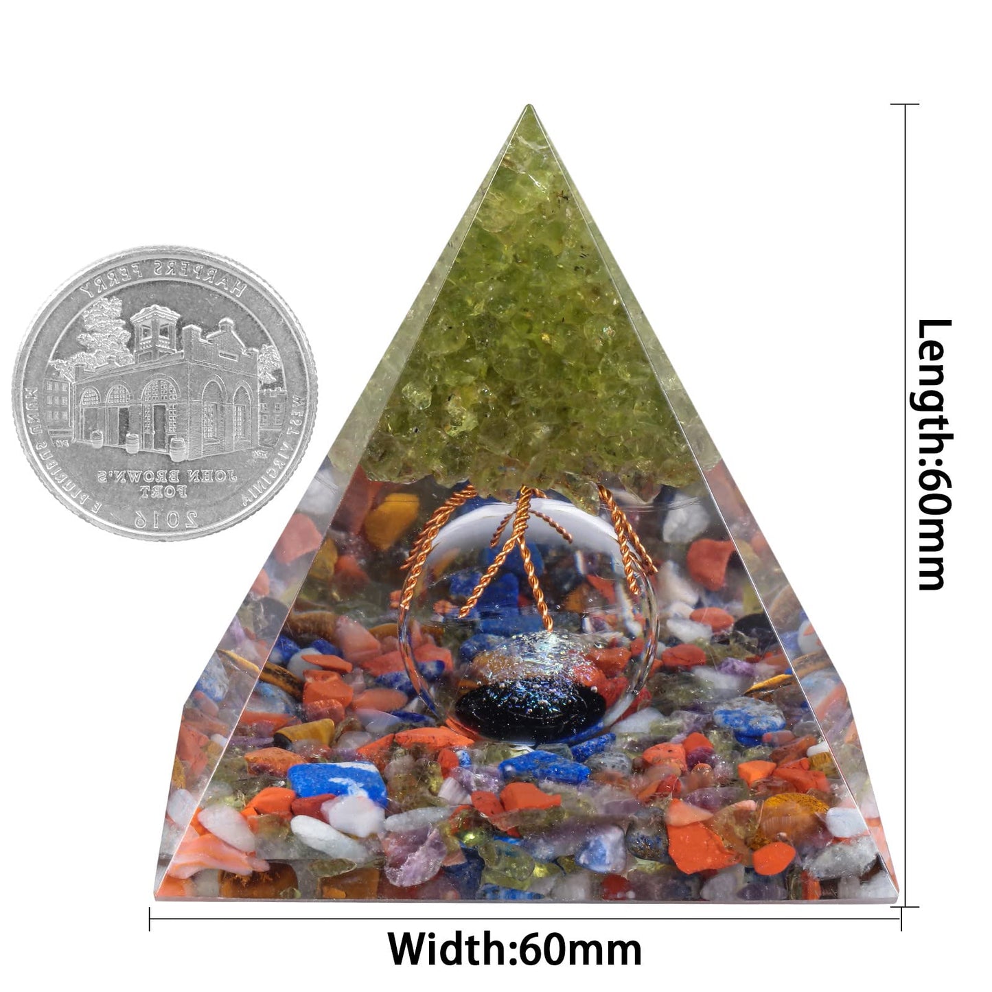 Rockcloud Tree of Life Orgone Pyramid Crystal Stone with Glass Sphere for Home Office Decor, Energy Generator for Meditation Yoga Reiki, Olivine and Mixed Stones