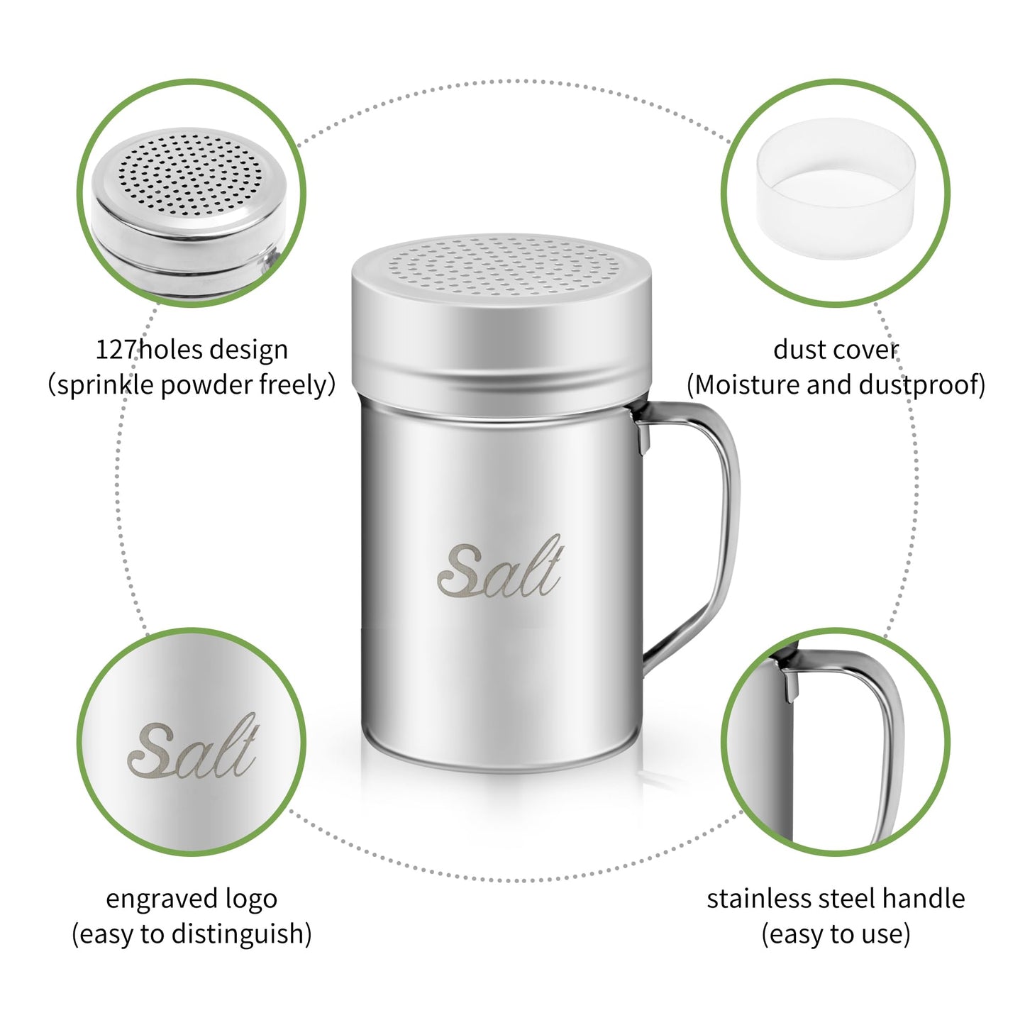 ZERUIDM Stainless Steel Salt and Pepper Shakers Set, 14 OZ Seasoning Spice Shaker with Lid and Handle 127 Holes, Metal Dredge Shaker for Powder Sugar Cooking Kitchen Baking (2 Pieces)