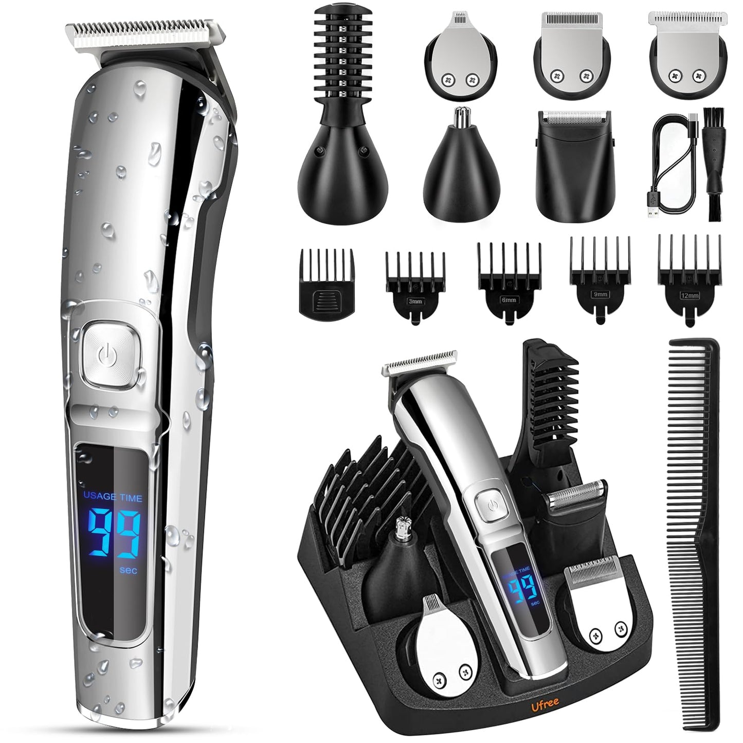 Ufree Beard Trimmer for Men, Waterproof Electric Razor for Nose, Body, Face & Mustache, Cordless Hair Clippers Shavers Grooming Kit, Valentines Day Gifts for Men Husband Father