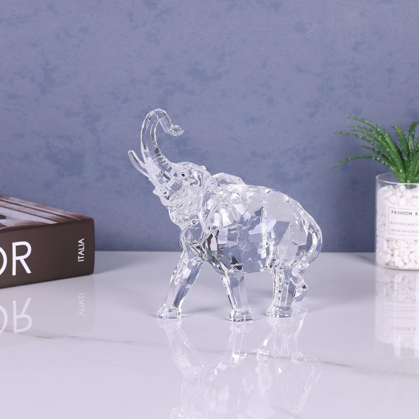 Acrylic Clear Elephant Figurines Crystal Glass Finish, High End African Statues for Home Decor, Elephant with Trunk up, Large Elephants Statue Sculpture, Lucky Gifts Office Feng Shui Elephants
