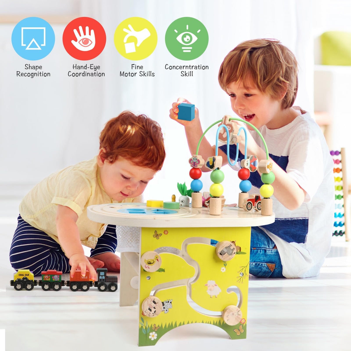 Gemileo Activity Table for 1 Year Old Montessori Educational Learning Toys for 1 2 Year Old Girls Boys Toddlers Baby 12-18 Months 1st First Birthday Gifts 10 in 1 Wooden Bead Maze Sensory Center Toys