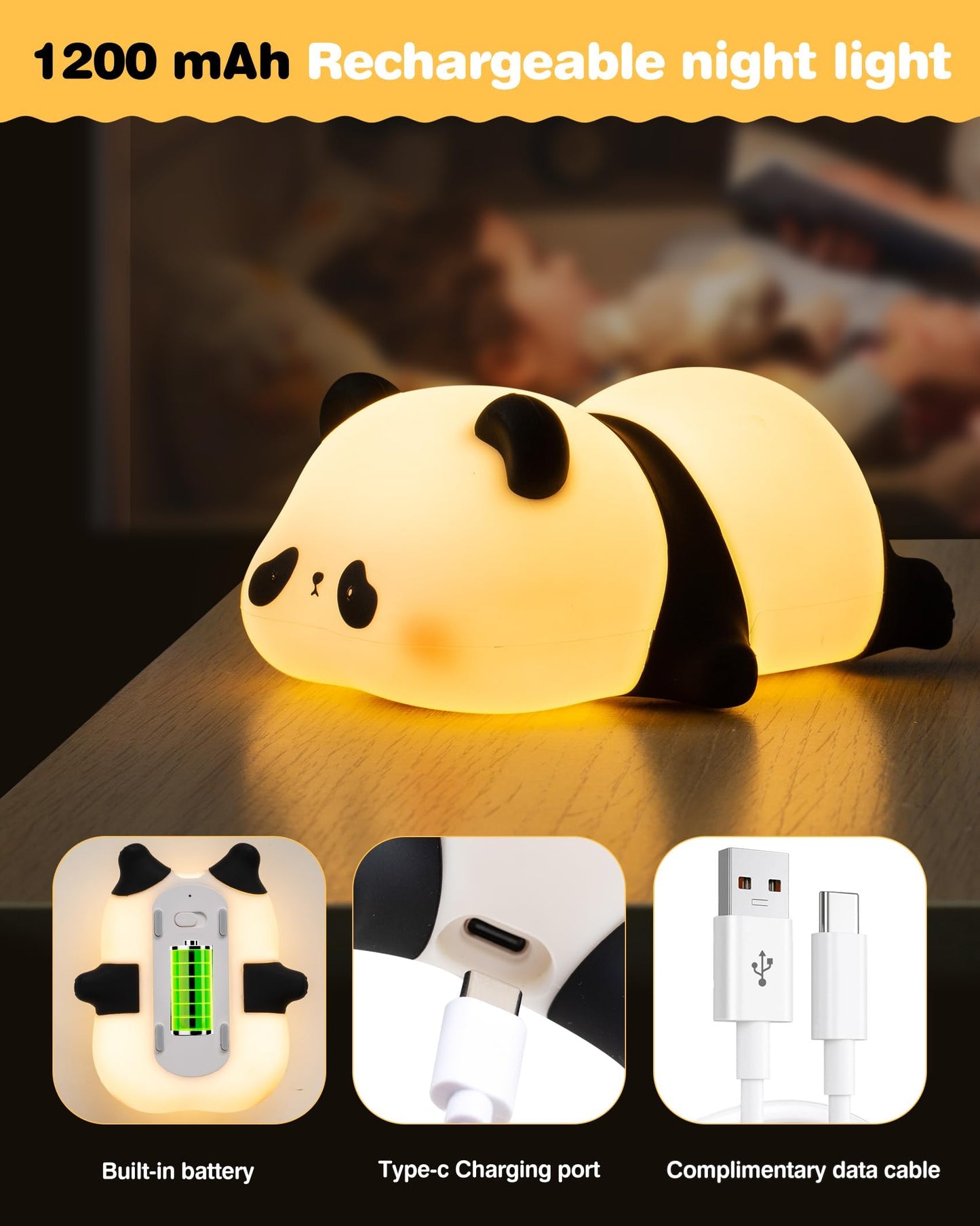 Recolte Cute Panda Night Light with Gift Bow, LED Squishy Silicone Animal Lamp, 3 Level Dimmable Nursery Light for Kids, Baby Desk Decor, Gift Box for Boys Girls, Baby Shower & White Elephant Gifts