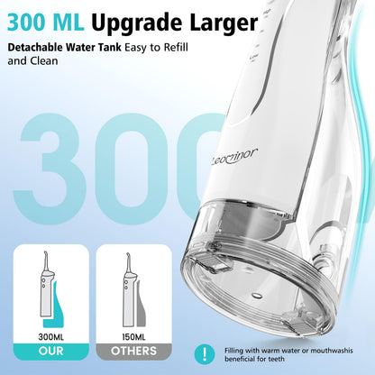 Leominor Water Flosser Pick for Teeth, 300ML Portable Oral Irrigator Upgraded Tank Removable,IPX7 Waterproof, Rechargeable Travel Teeth Cleaner, Professional Electric Flossing Machine (Pink)
