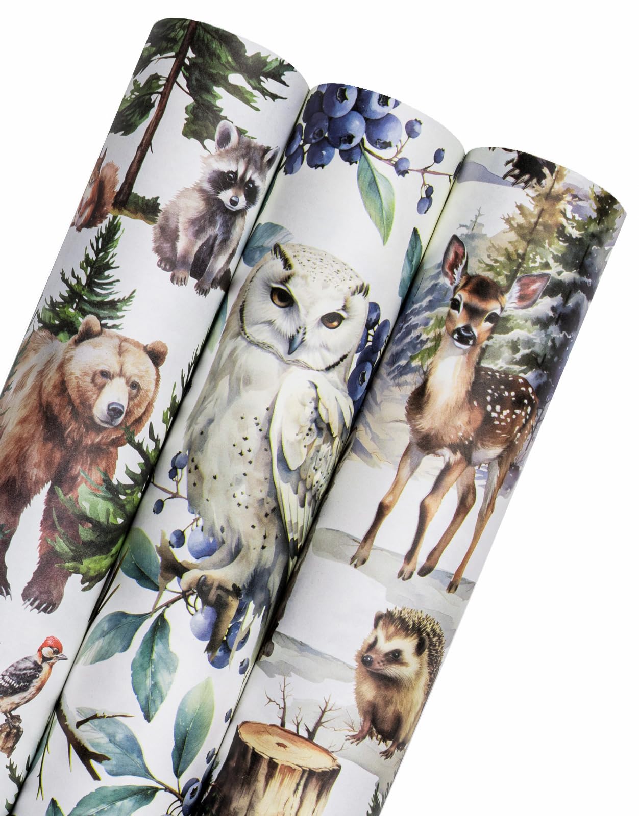 WRAPAHOLIC Kraft Christmas Wrapping Paper Roll - Mini Roll - 3 Rolls - 17 Inch x 120 Inch Per Roll - White Wild Animals Winterfall Watercolor Holiday Collection