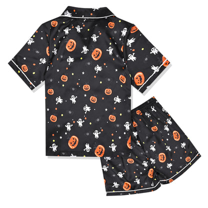 QPANCY Satin Kid Pajamas Big Girls Silk Pjs Set Boys Sleepwear Button-up Lounge Sets Halloween Short Sleeve Nightwear Pumpkin Black Size 10 11