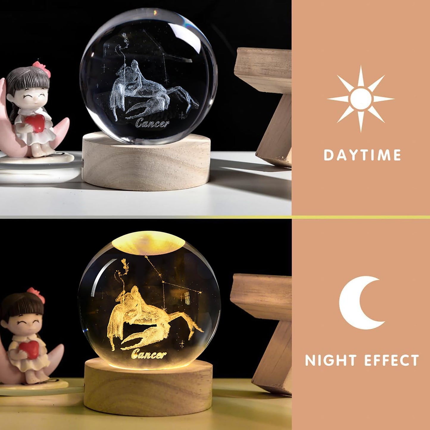 QIANCHANG 3D Etched Crystal Ball with LED Light Stand, Twelve Zodiac Cancer Constellation Decor Glass Sphere Lamp, Astrology Birthday Gifts for Women Kids
