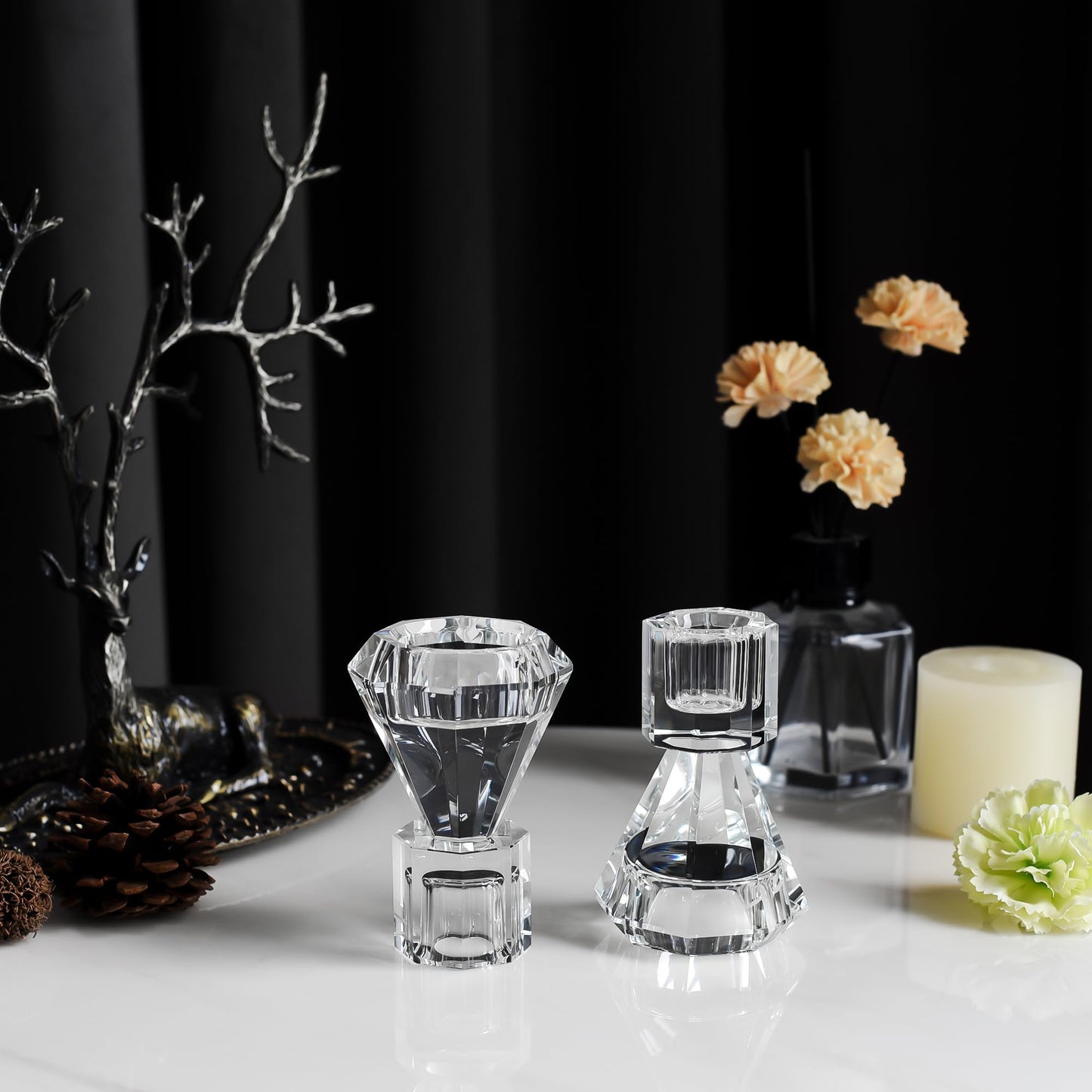 Crystal Candle Holder, Set of 2 Crystal Clear Candlestick Stand for Tealight Candle,Party, Wedding Candle Holder Decoration