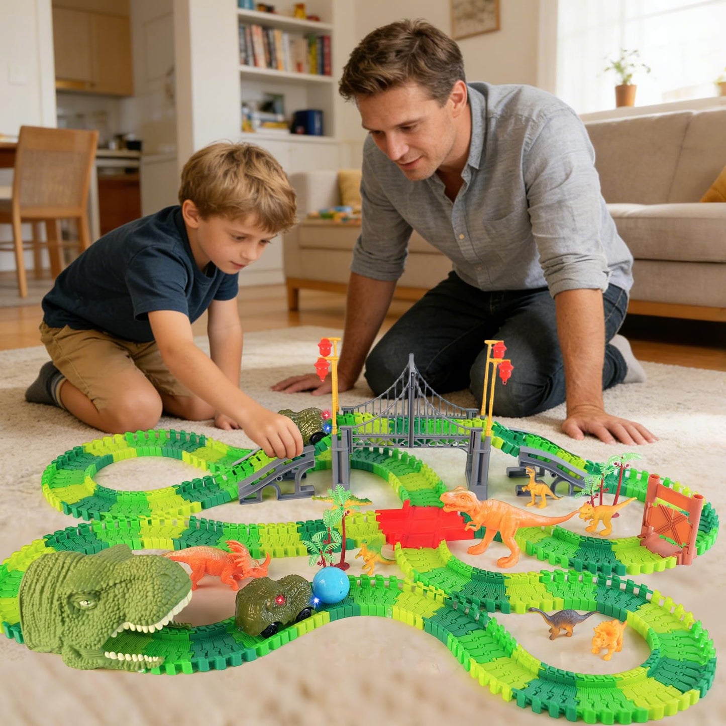 BEMITON Dinosaur Toys Race Car Track, Create a Dinosaur World Road Race, Flexible Dinosaur Track Toys Set, Christmas Birthday Gifts for 3 4 5 6 7 Years Old Boys Girls Kids