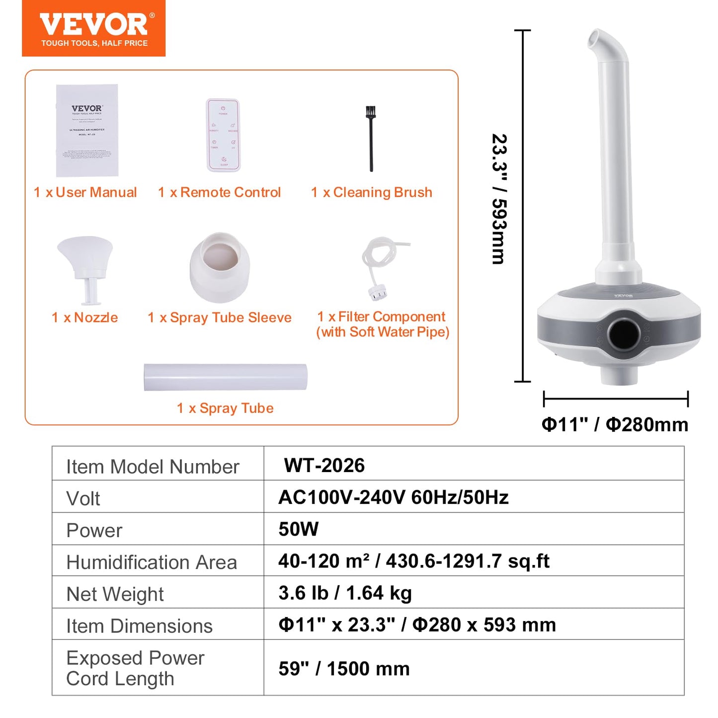 VEVOR Humidifier for Home Large Room, Commercial Humidifier for Whole House 1291.7 sq ft, 16L Water Tank & Night Light & 12h Timer & Auto Shut-Off, Greenhouse, Commercial Branch Tube w/ 360° Nozzle