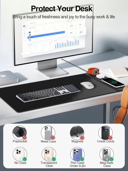 Mouse Pad with Magnetic Wireless Charging, Large Desk Mat, Non-Slip Mouse Mat, Keyboard Pad for Gaming, Desk, Office, PC (The Right Charging-Black with 20W PD Charger)