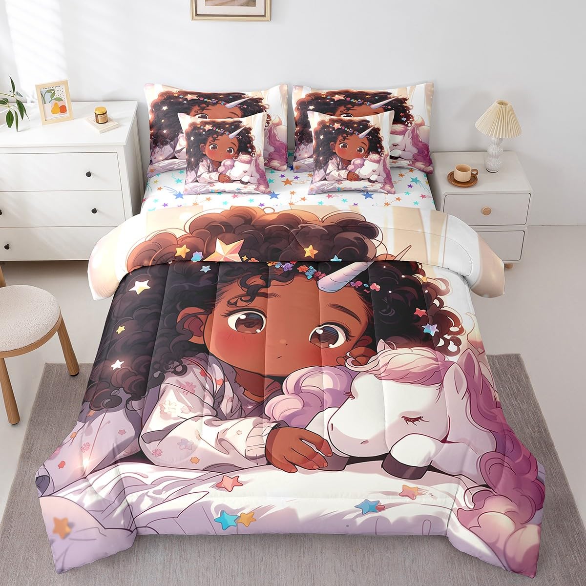 Cute Black Girl 7Pcs Comforter Set Full Size,Unicorn Bedding Sets for Kids Girls Boys,Africa Style American Bed in a Bag Dreamy Stars Fitted Sheet Flat Sheet,2 Throw Pillow 2 Pillowcases